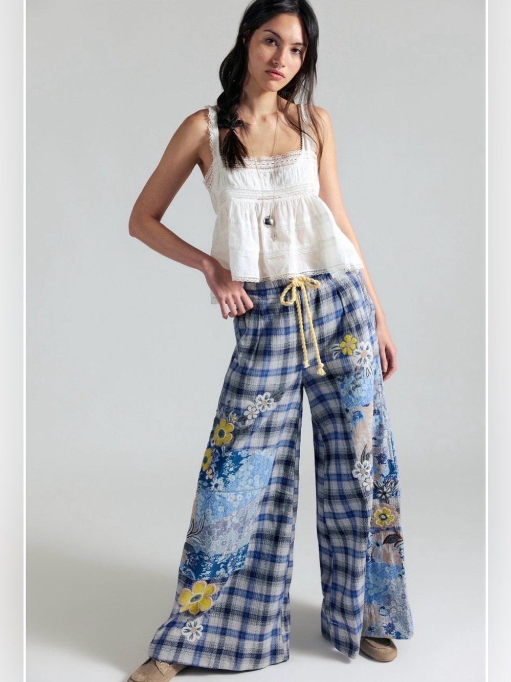 NWT Free people blue ivory Brooks Embroidered wide-leg Patchwork Pants Small